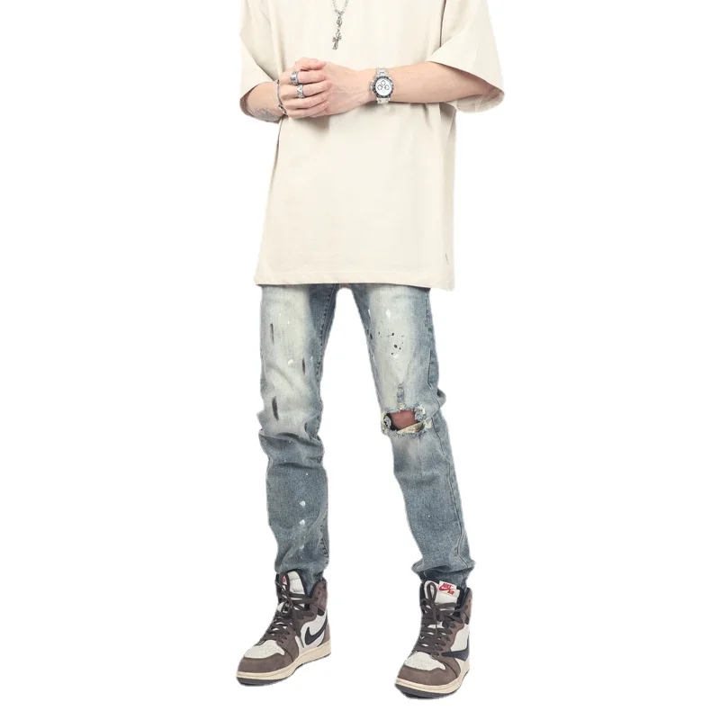 High Street Washing Make Old Blue Splash-ink Retro Ripped Jeans Male Slim Pencil Pants Full Length Denim Trousers Streetwear Men