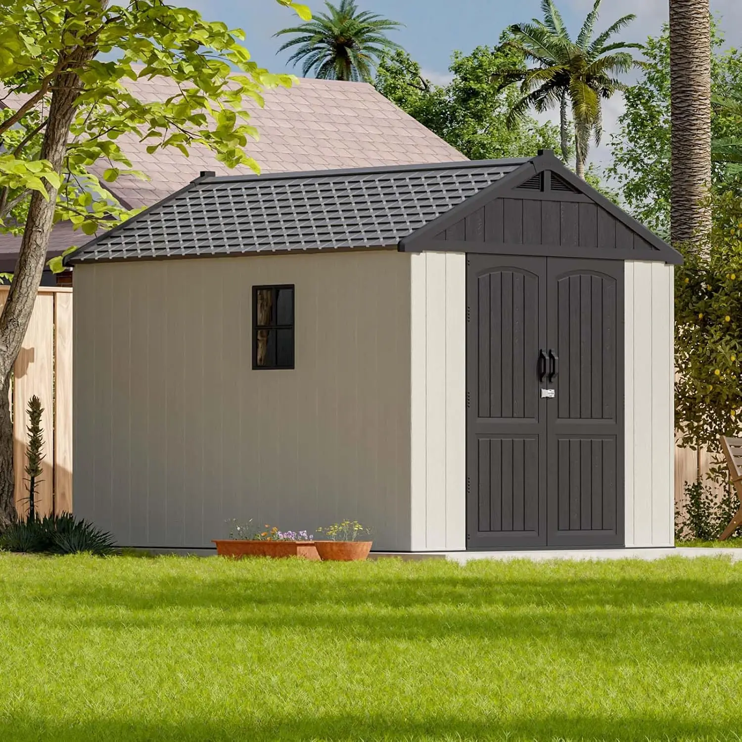 8x10 FT Outdoor Storage Shed Plastic Shed Resin Garden Tool Shed with Floor & Two Window & Lockable Door for Patio Furniture