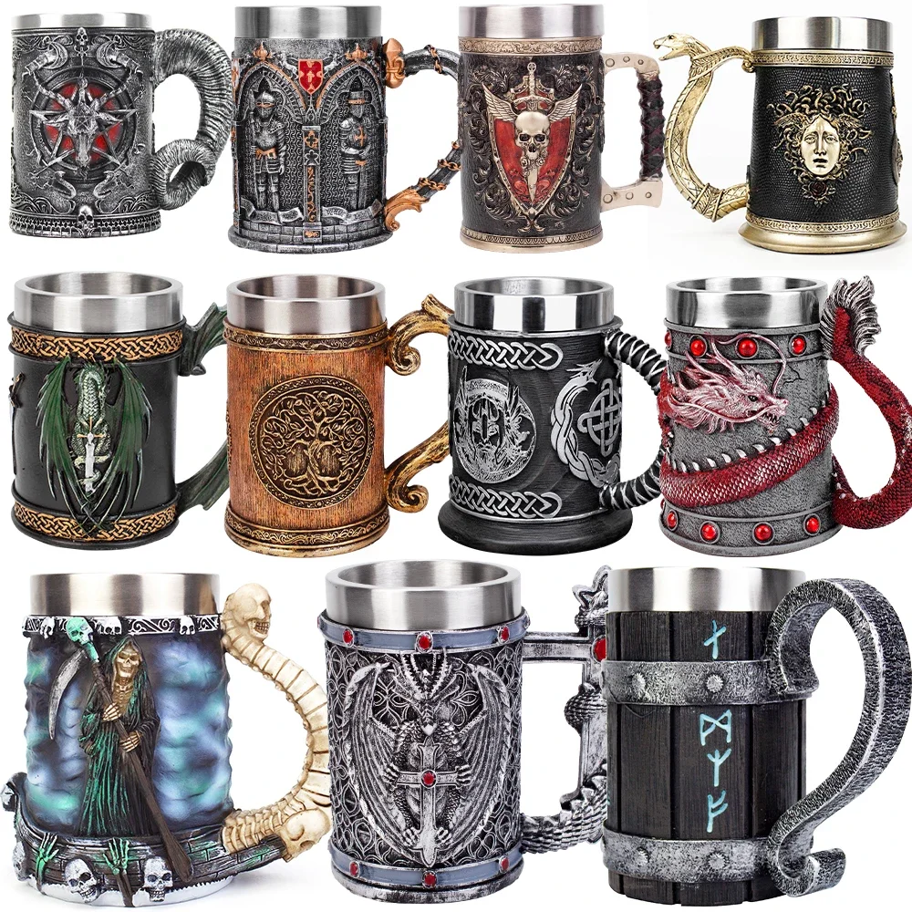 600ML Viking Mug Collection 304 Stainless Steel Insert Resin Beer Danegeld Tankard Coffee Beer Mugs Cup Halloween Friends Gift
