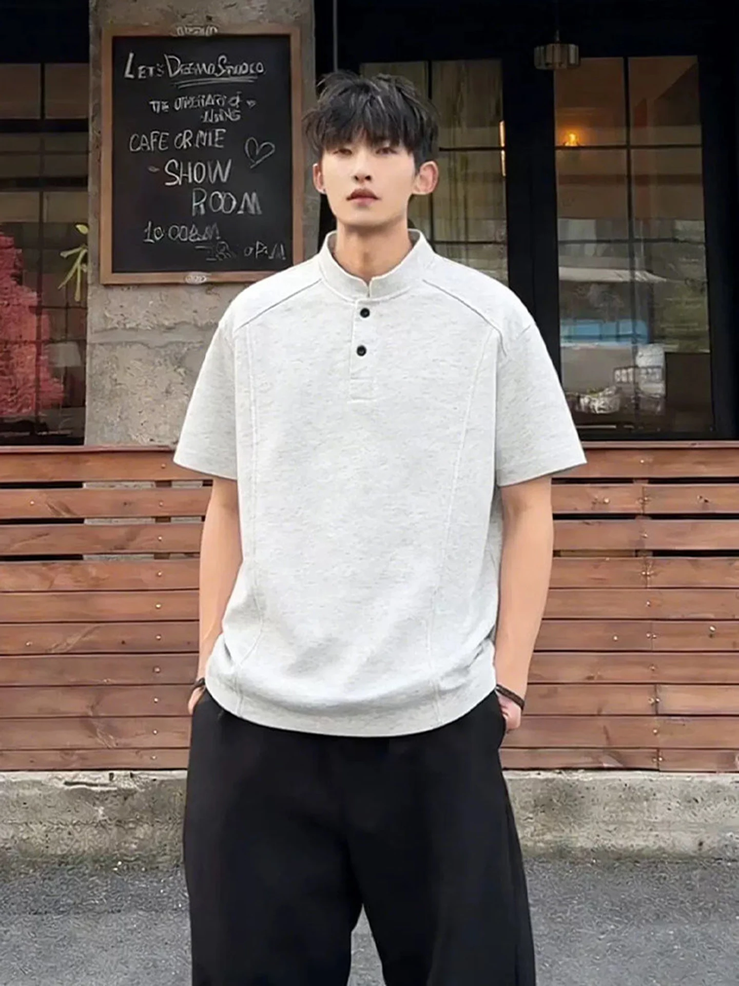 Gray American  Shirt Short Sleeve Men Summer High-End Heavyweight Henry Collar Correct Shoulder T-Shirt Splice Half Sleeve