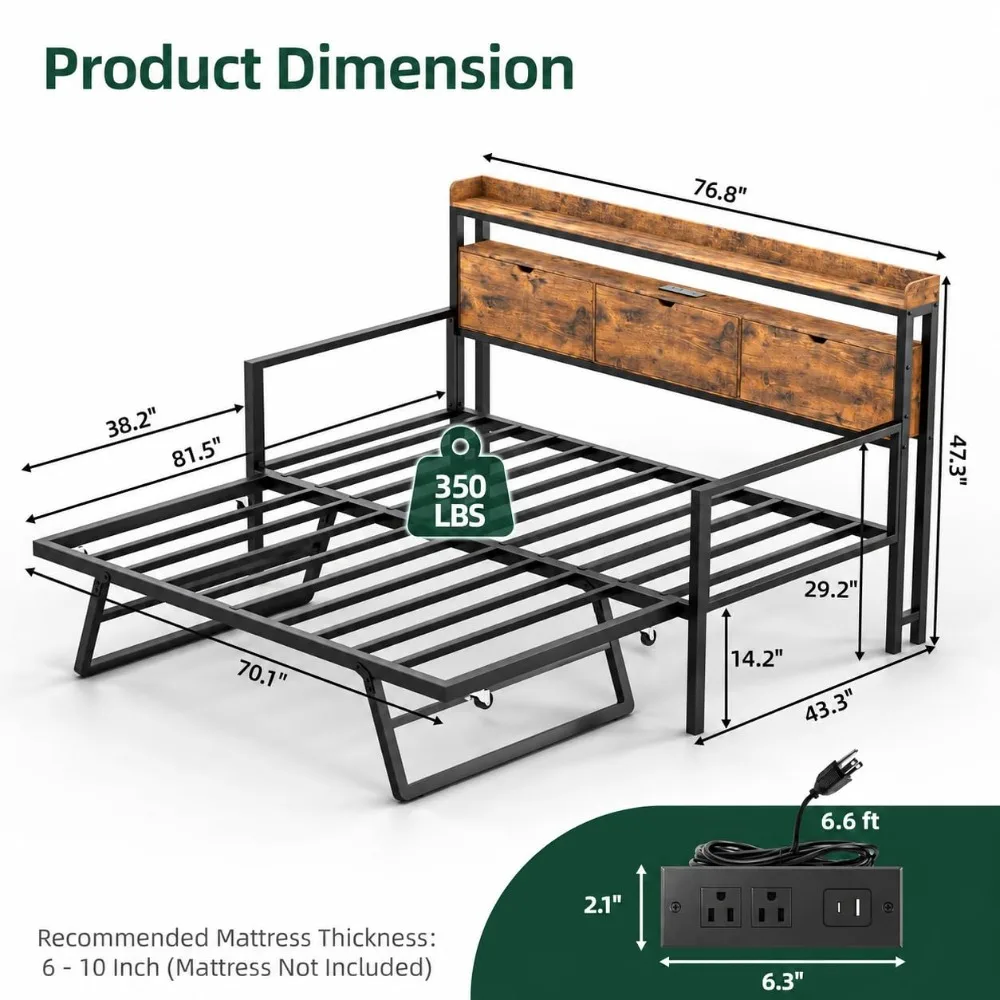 Twin Daybed with Trundle, Pop-Up Twin-to-King Bed, Rustic Brown