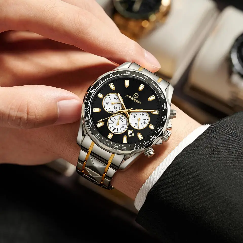 PENGAGAR Orologi da uomo Cronografo classico multifunzionale Orologio da polso al quarzo originale Sport Reloj impermeabile in acciaio inossidabile