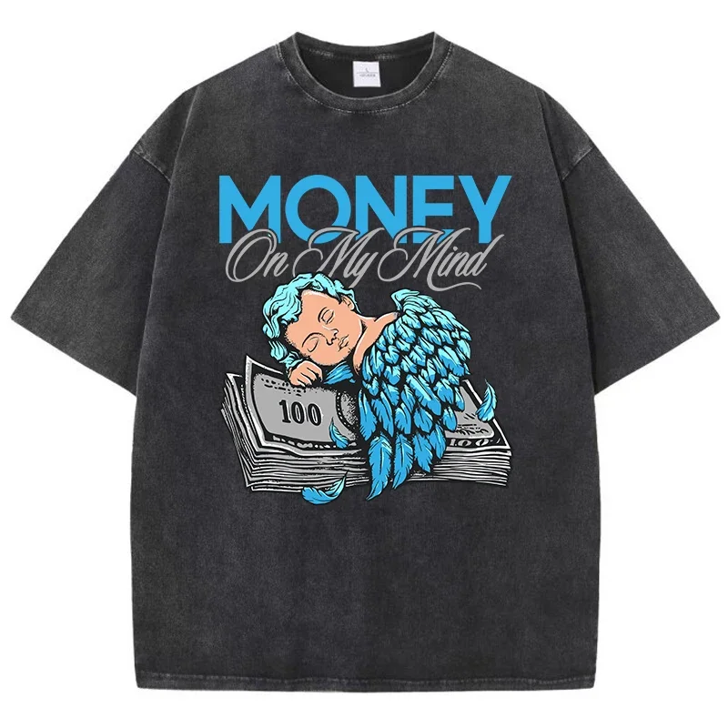 Vintage Womans Acid Wash T-Shirts Money On My Mind Manga Angel Printed Tops Crewneck Cotton Oversize Tees Fashion Female Clothes