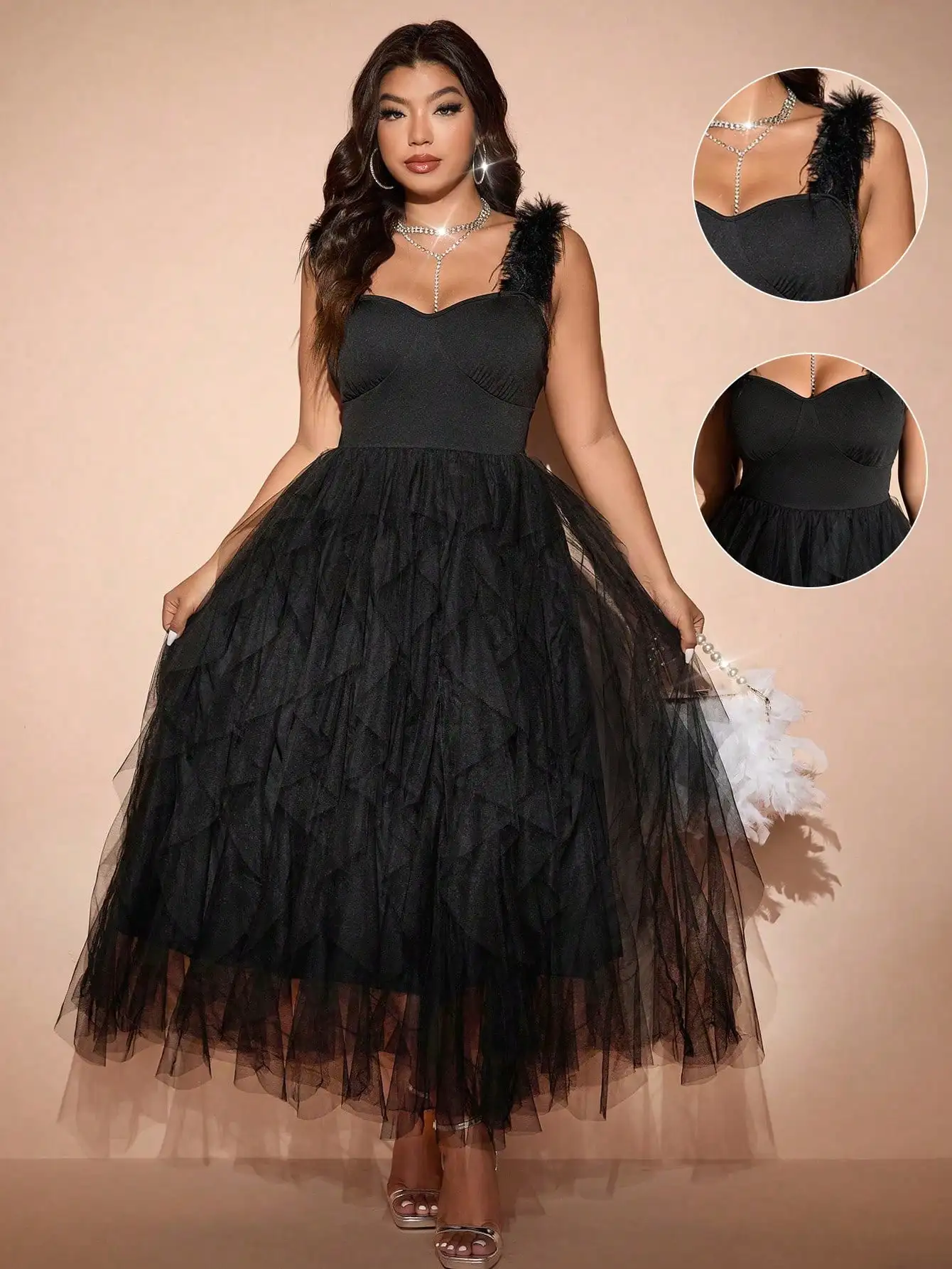 

Plus Size Black Sleeveless Elegant Maxi Dress with Feather Trim and Tiered Tulle Skirt