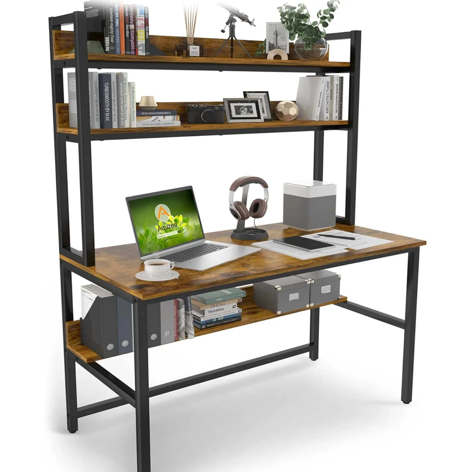 

US Computer Desk with Hutch, 47in Wide Desk with Shelves, Tall Home Office Desk with Bookshelf, Metal Legs Study