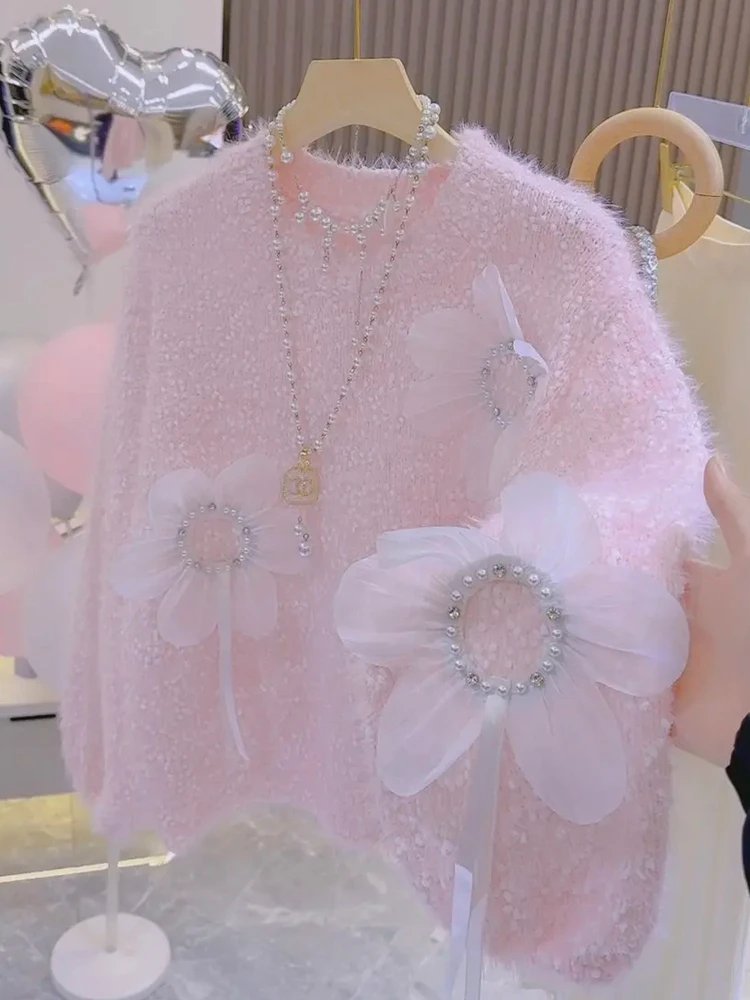 Suéter de Punto ueso para Mujer, Diseño de Flores 3D Dulce, Color Rosa, Estilo Coreano Nuevo de Otoño Invierno, Suéter Vers...