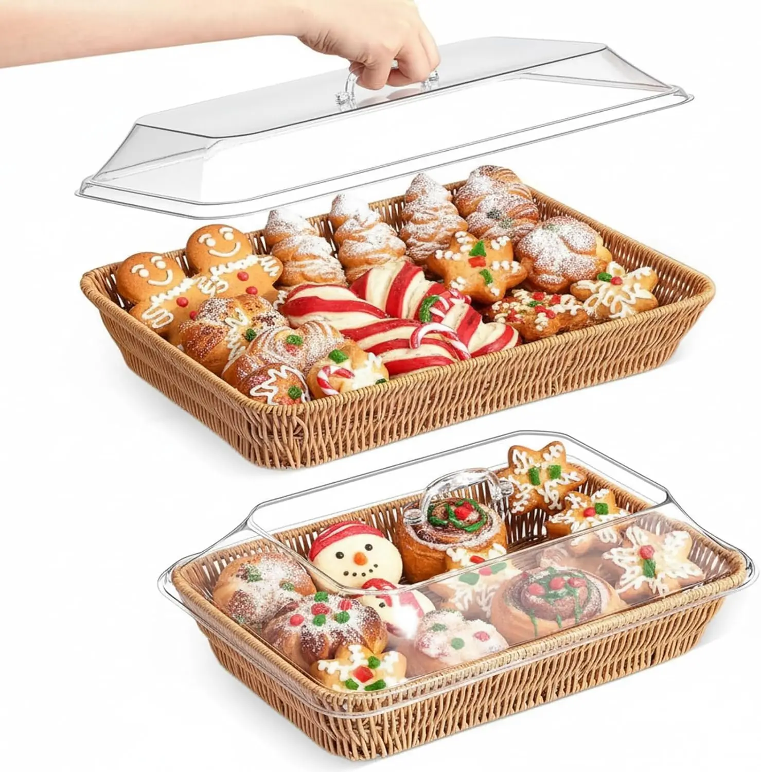 

Christmas Wicker Bread Basket Set with Acrylic Lid, Rectangular Woven for Fruit Food Display Party Kitchen (2 Sizes)