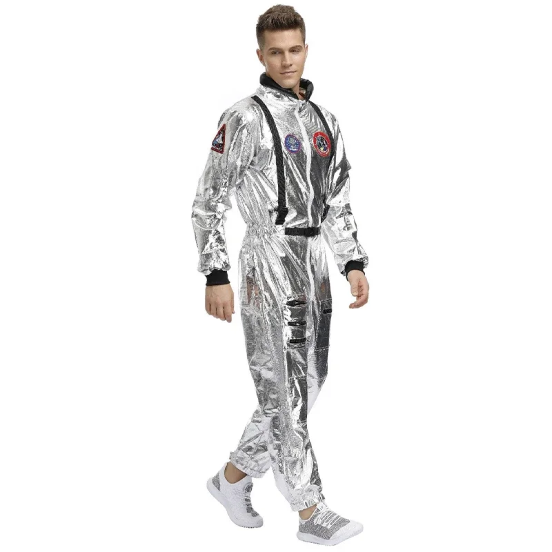 Astronauta Cosplay Macacão para Casais e Crianças, Unisex Halloween Uniforme, Festa de Carnaval, Roupa Fantasia, Traje Espacial Prata, Plus Size