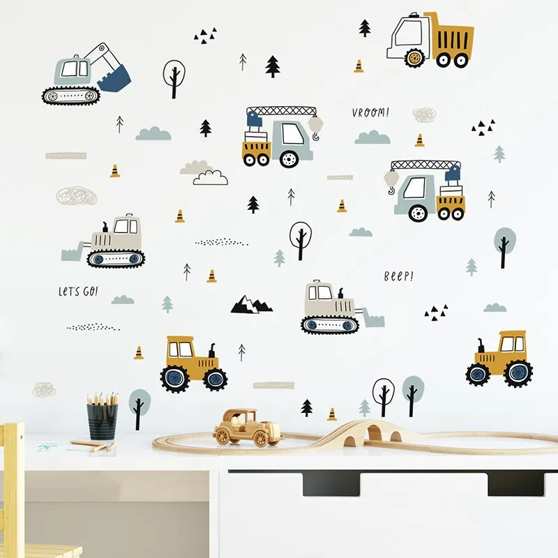 1PC Cartoon Excavator Crane Dump Truck Tree Wall Stickers for Waterproof PVC Kids Room Kindergarten Home Decoration