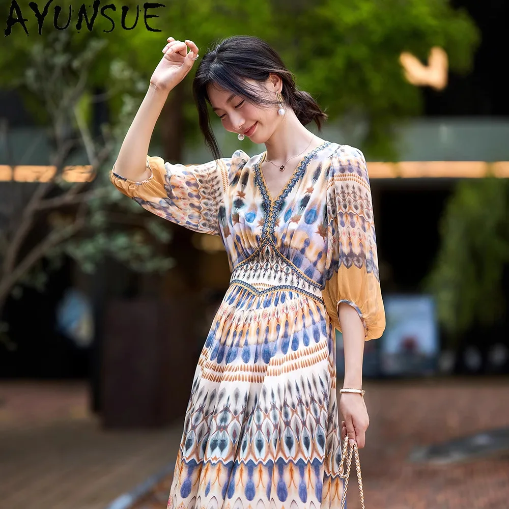 

AYUNSUE 100% Mulberry Silk Women's Dress V-Neck Floral Elegant Dress Woman Clothes High Quality Summer Dress 2025 Vestidos Mujer