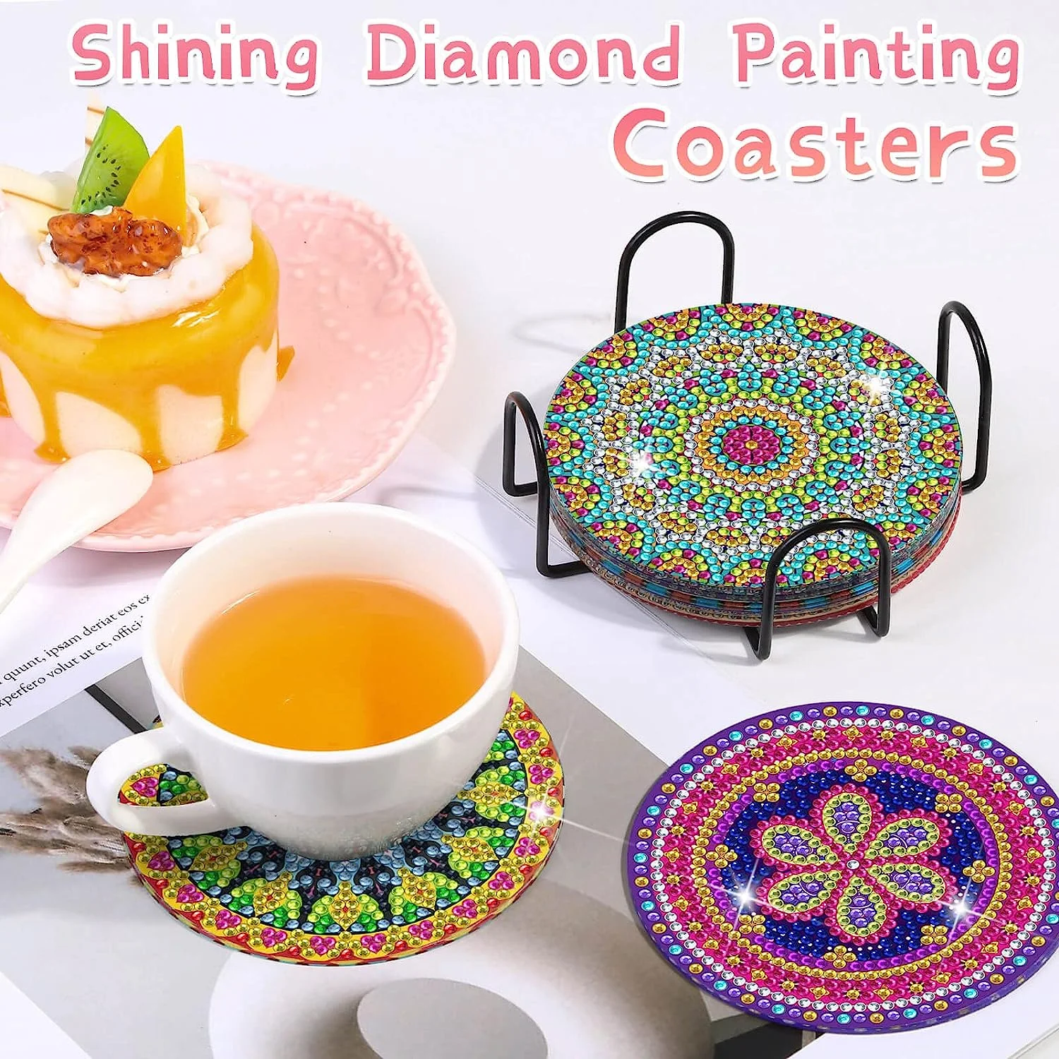 8-piece Set of DIY Diamond Painted Coasters with Mandala Pattern and Complimentary Cup Holder