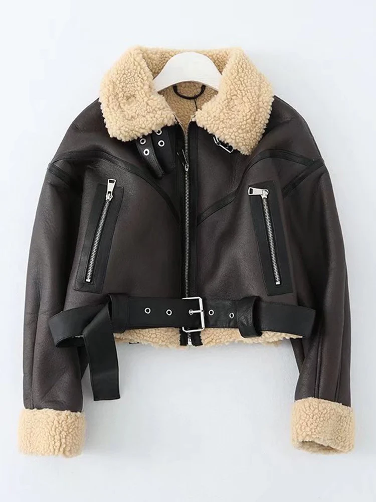 Winter women\'s street clothing artificial lamb fur leather short jacket with belt motorcycle thick warm sheepskin overcoat coat