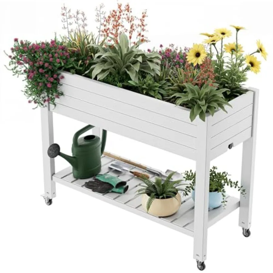 Elevated Raised Garden Bed with Wheels, Outdoor Large Resin Patio Planter Box Stand Divisible with Drain Plug, Water Monitor fo