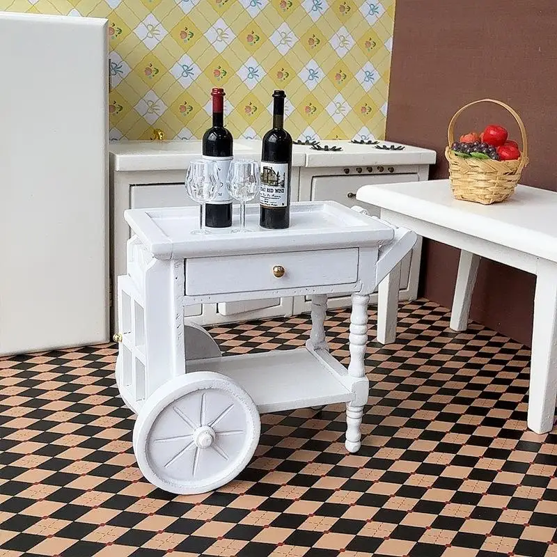 HMA76-1Pc 1: 12 Dollhouse Wooden Meal Driver Cart Model Simulation Handcart Ornament Doll House Restaurant Scene Accessories