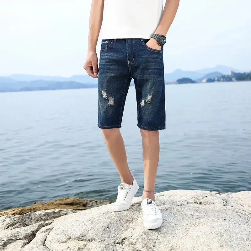 28-40 New Summer Men\'s Personalized Washable Perforated Denim Pants Large Casual Middle Pants