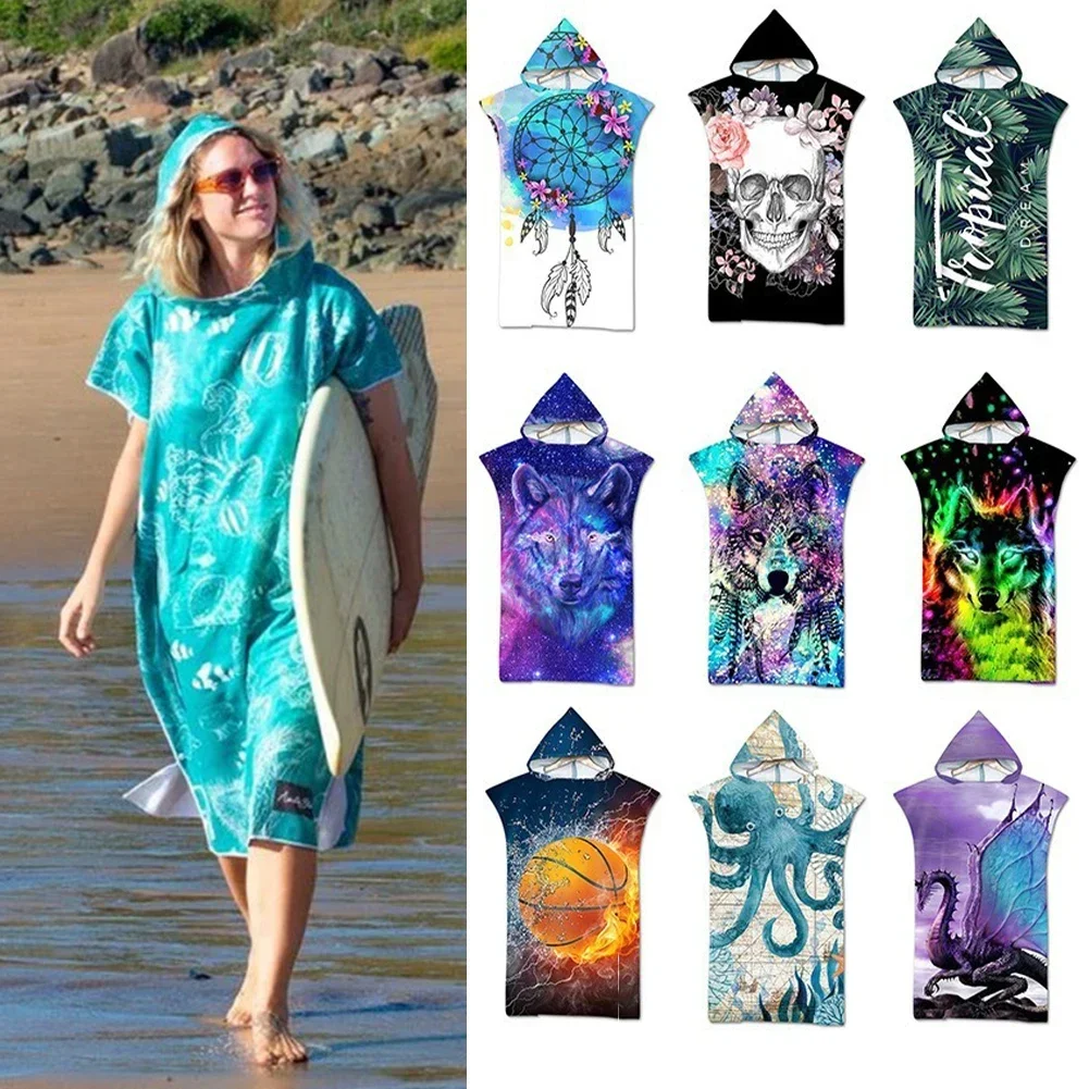 Printed Hooded Beach Towel For Adults Child Quick Dry Swimming Pool Poncho Bath Towel With Cloak Bathrobe