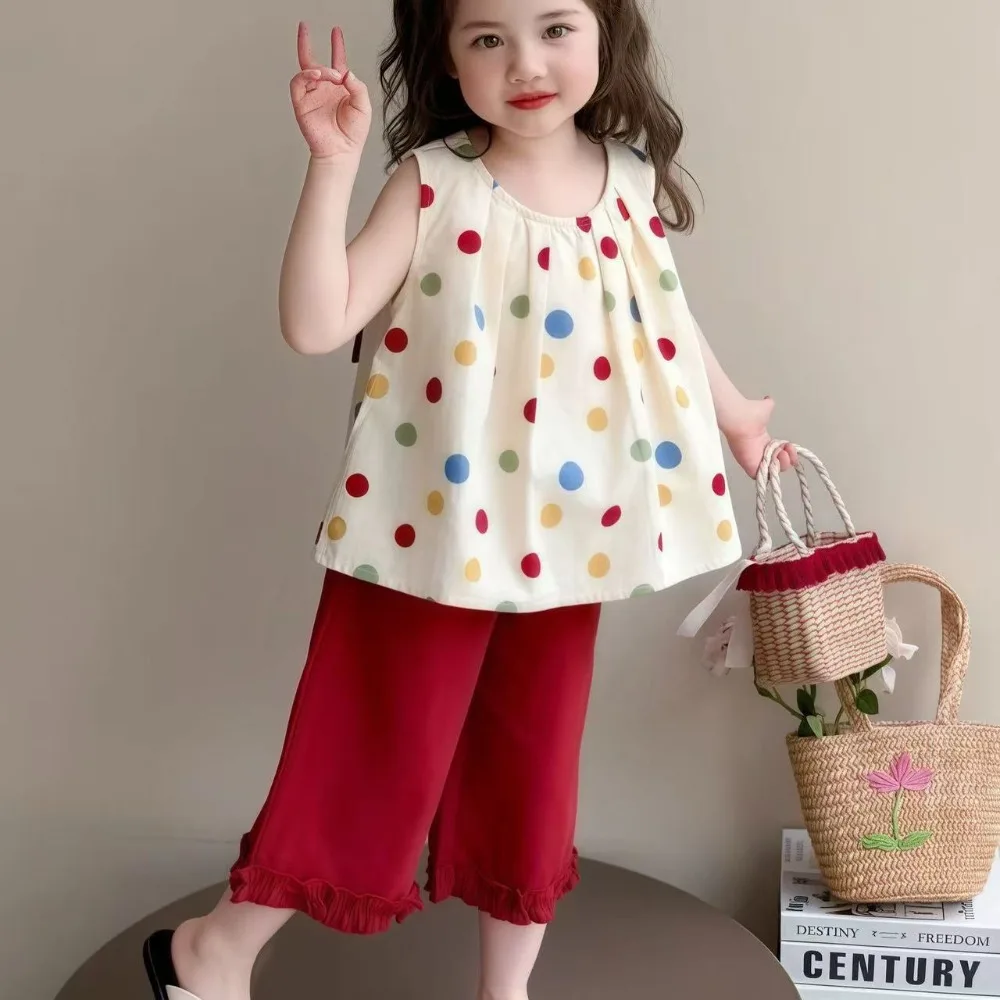 النسخة الكورية أزياء الفتيات دعوى موجة نقطة القوس سترة + الدانتيل مستقيم الساق السراويل قطعتين مجموعة ملابس الأطفال صيف جديد #2