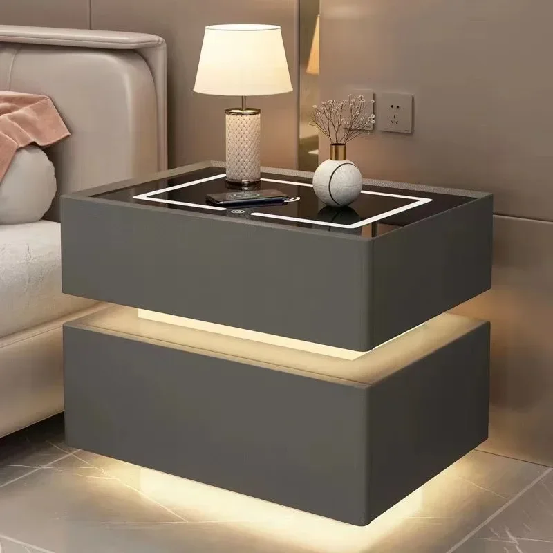 Mesita de noche de madera maciza de estilo moderno con carga inalámbrica, mesitas de noche inteligentes con 2 cajones para dormitorio con cerradura