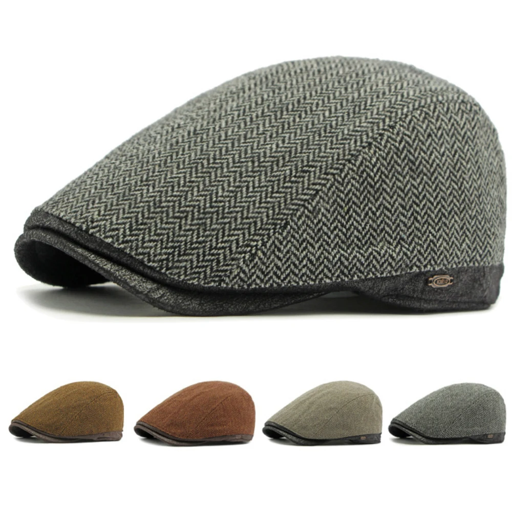 

HT4958 Berets Men Women New Autumn Winter Hat Striped Wool Beret Hat Male Female Ivy Flat Cap Adjustable Fleece Lined Beret Cap
