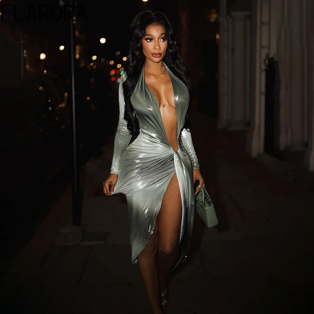 

FLARORA Sexy Gradient Color Irregular Ribbon Dresses Woman Deep V Long Sleeve Shirring Bodycon Dress Elegant Party Clubwear New
