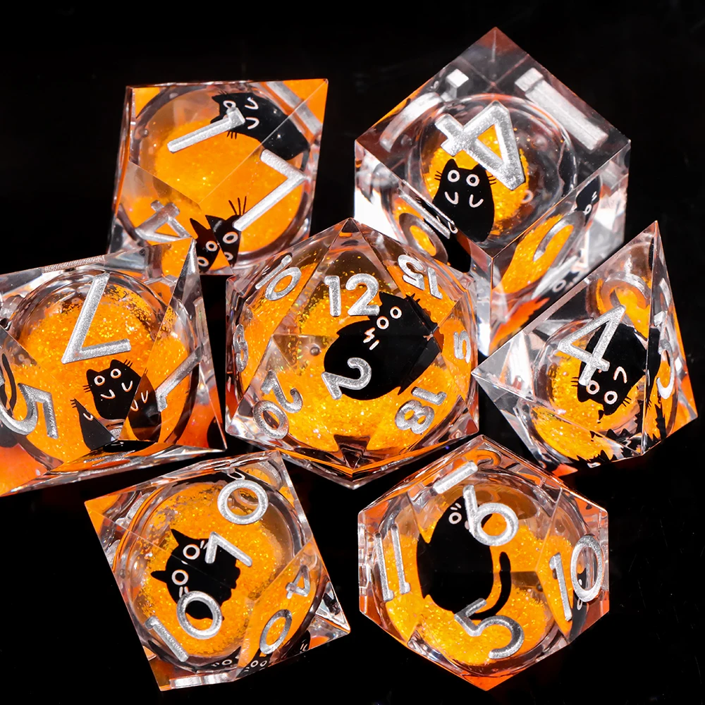 

7Pcs Resin DND Dice Set,Liquid Core Cat Design Cute,Dungeons Dragons Dice for Role Playing Games,sharp edge dice and dnd gifts