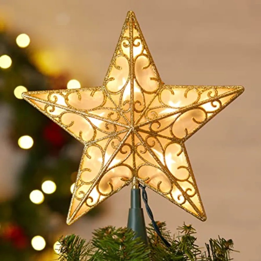 

Christmas Star Tree Topper, 9.5 in Plug in Golden Glittered 3D Star Tree Topper, Metal Hollow Designed Built-in 10 Bulbs String