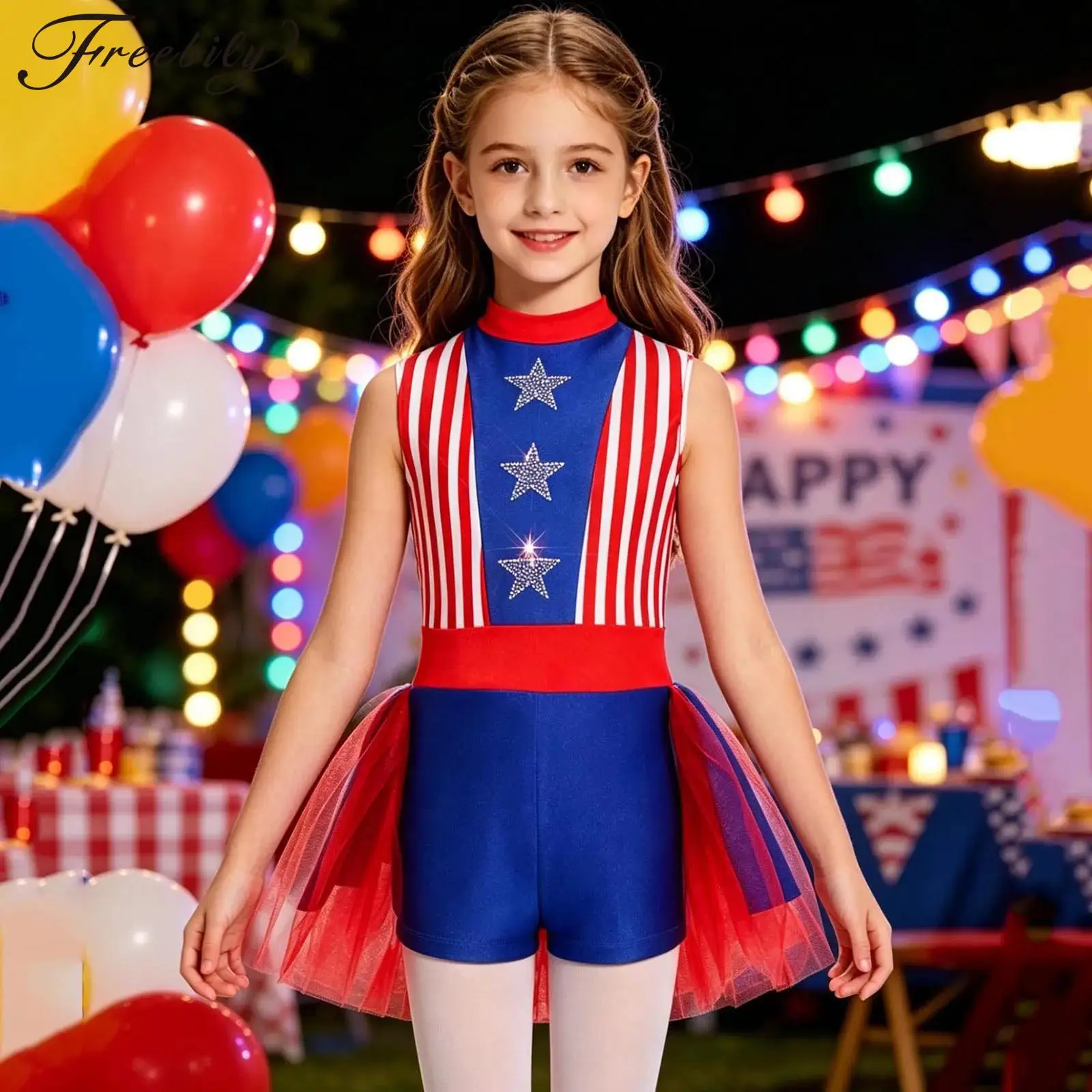 

Kid Girls Independence Day Costume One-piece Sleeveless Dance Leotard Rhinestone Stars Striped Jumpsuit with Tutu Skirt