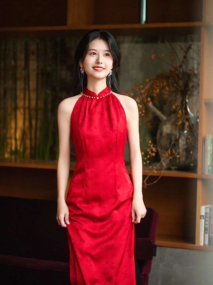 

Ele Red Chinese Sle Qipao Dr for Women Engagement Par Wedding New Design Ne Hanging Sle Comfortable Breathable