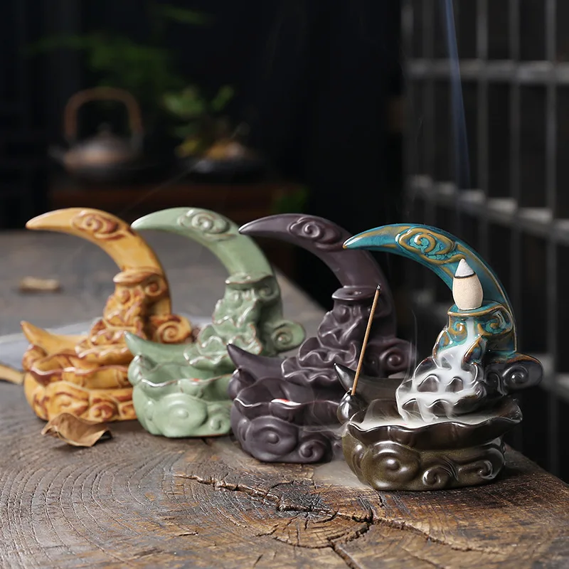 Creative Moon Shape Waterfall Backflow Incense Burner Lotus Ceramic Holder Zen Home Table Decor Ornament（without Incense）