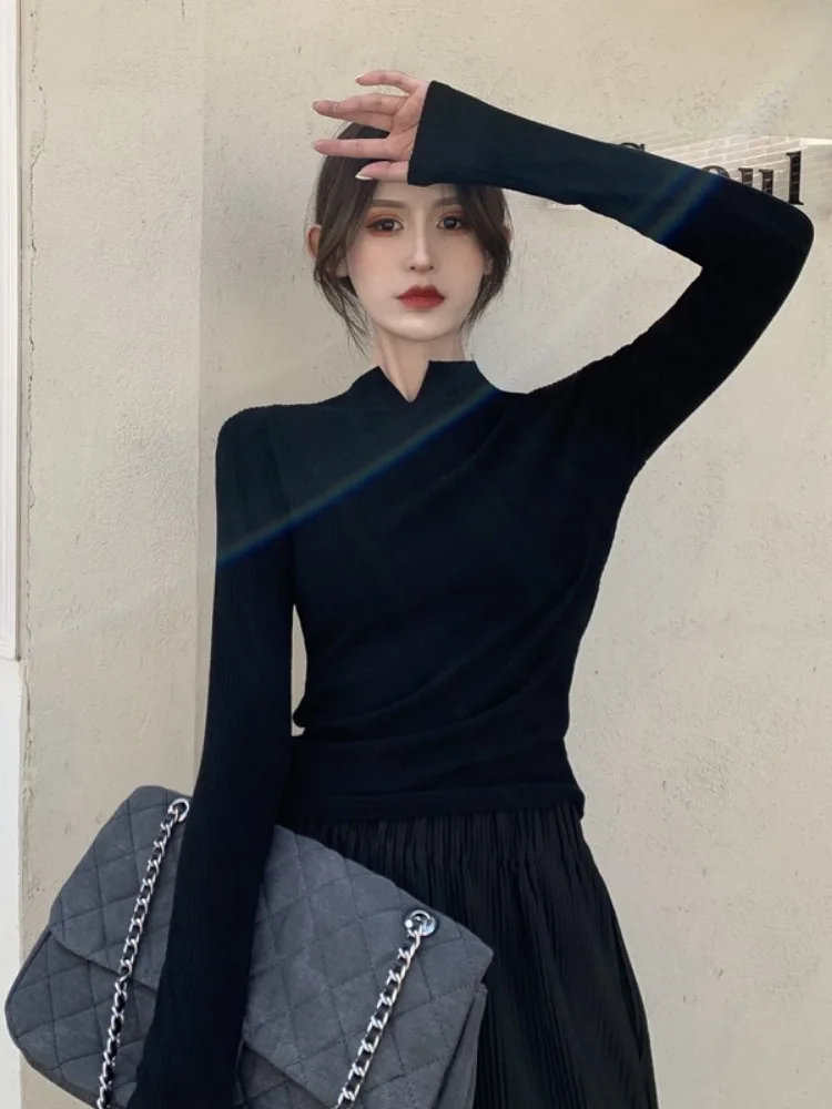 

Bla Вязаная футболка с высоким воротником Base irt Женская зимняя приталенная длинная футболка све Повседневный цветной топ Faion