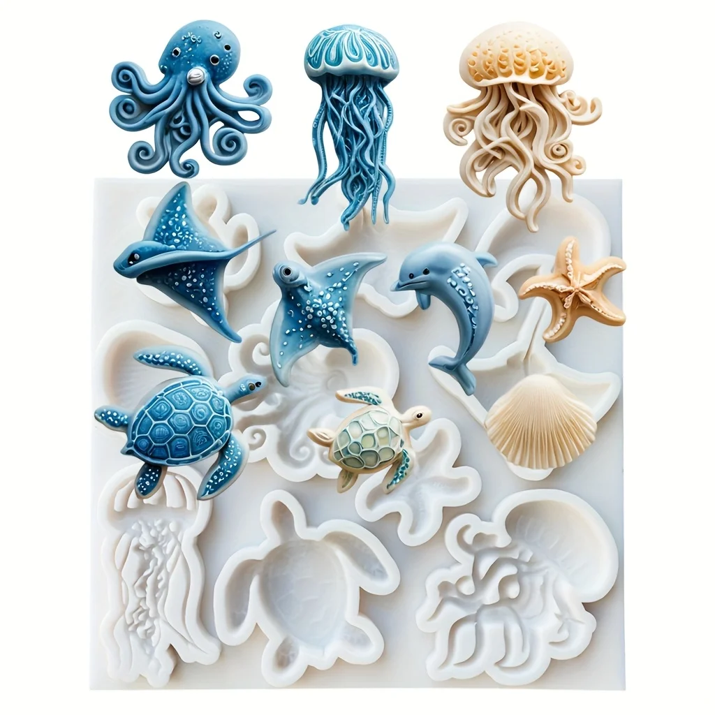 Sea Animal Silicone Mold Octopus Jellyfish Dolphin Turtle Fondant Chocolate Baking Resin Clay Soap DIY Craft Molds