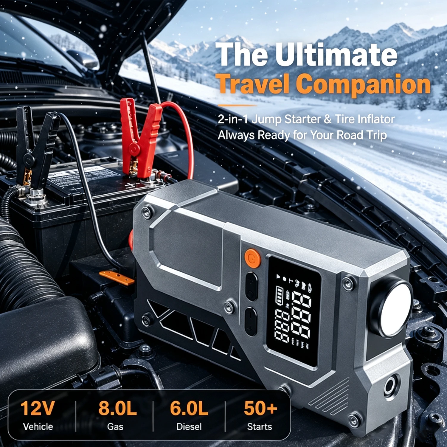 YIJU Smart Digital Display Jump Starter & Air Pump Combo Portable Electric Tire Inflator, Emergency Car Booster with 12V Starter