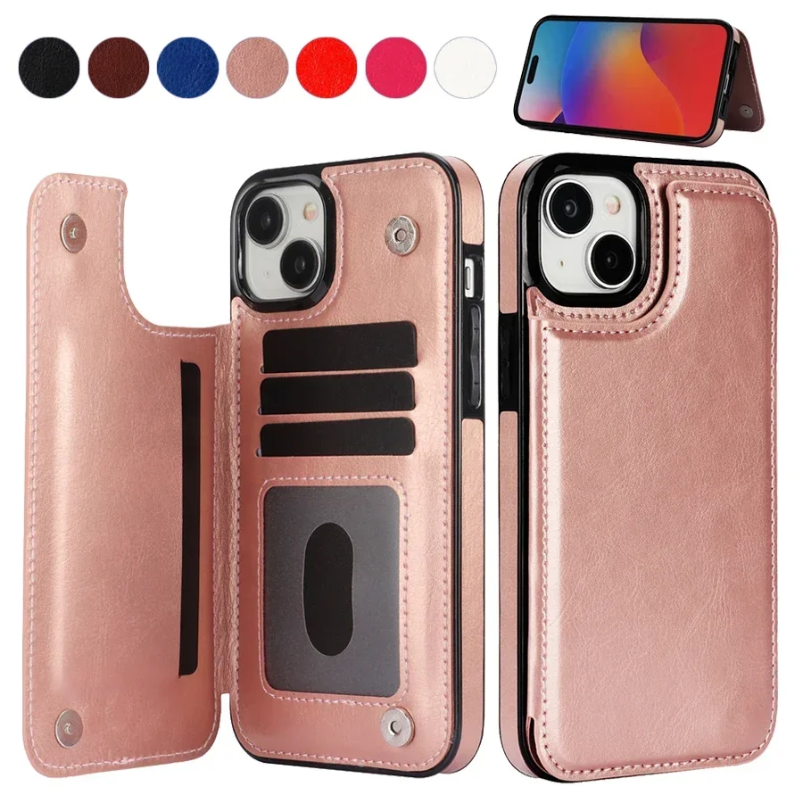 Wallet Solid Double Button Card Stand Flip Leather Case For iPhone 16 Pro Max 15 Plus 14 13 Mini 12 11 SE3/2022 SE2/2020 XR 8 7