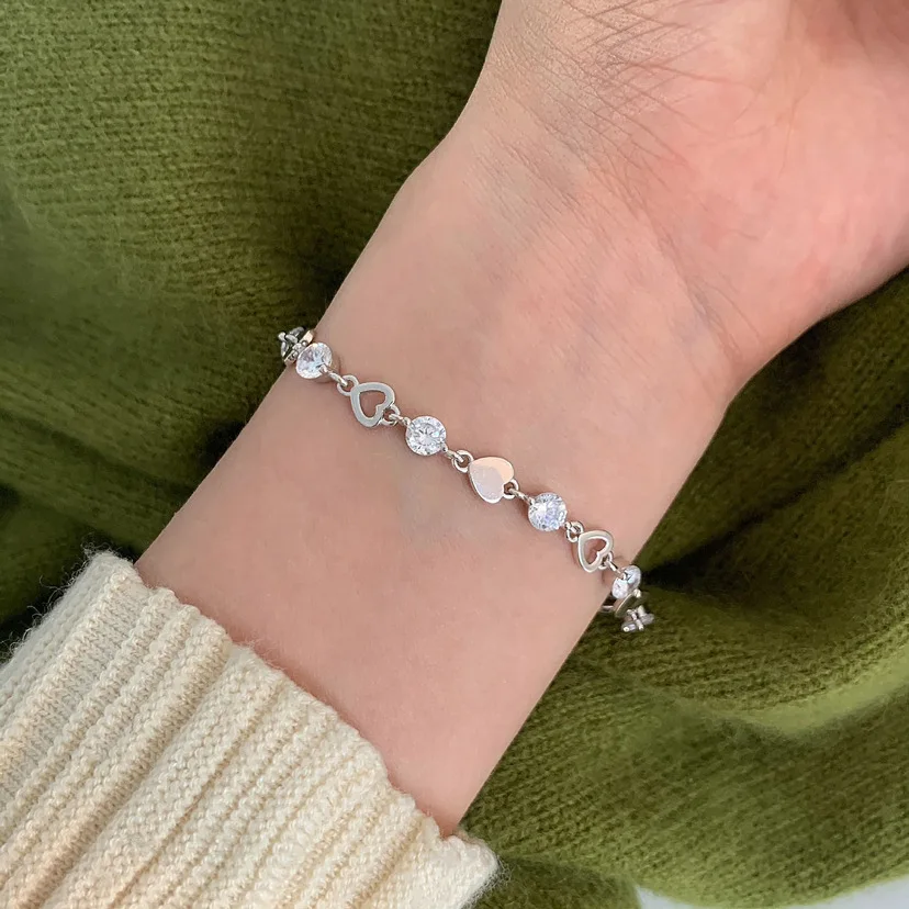 Pulsera fina de Plata de Ley 925 con forma de corazón para mujer, brazalete con dijes de circonita versátil coreana, joyería Original para fiesta, regalos