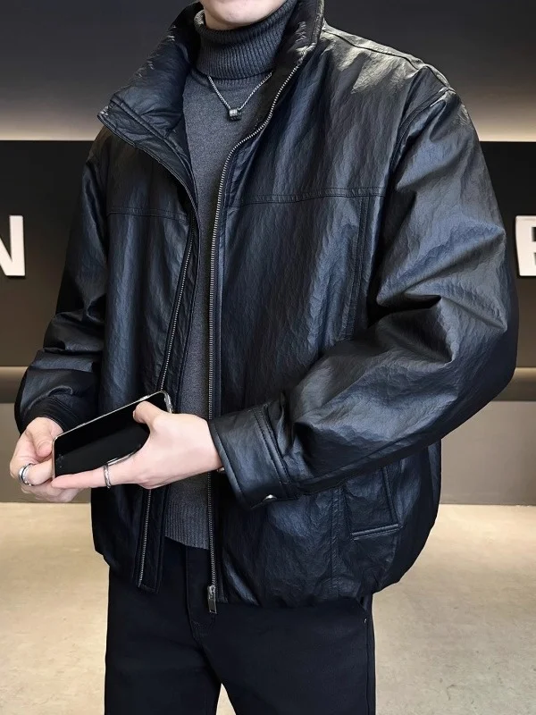 

Мужская зимняя утепленная кожаная куртка с пуховым наполнителем 2025 года, новая модель, повседневная, модная, класса люкс, с 95% белым утиным пухом