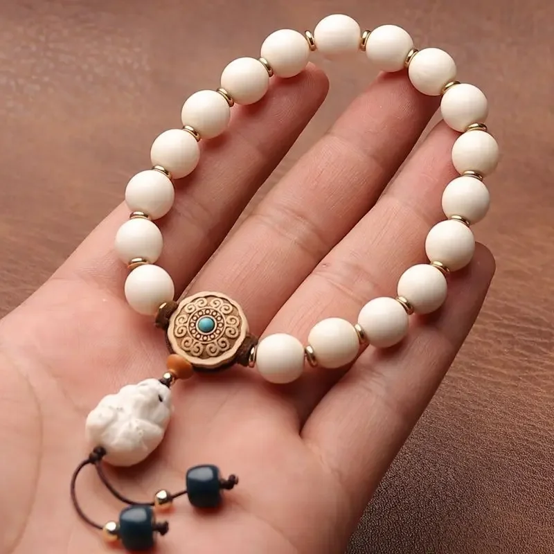 Original Natural Antlers Bracelet Fidelity Old Material Antlers High Porcelain Buddha Bead Women Single Circle HandString Rosary