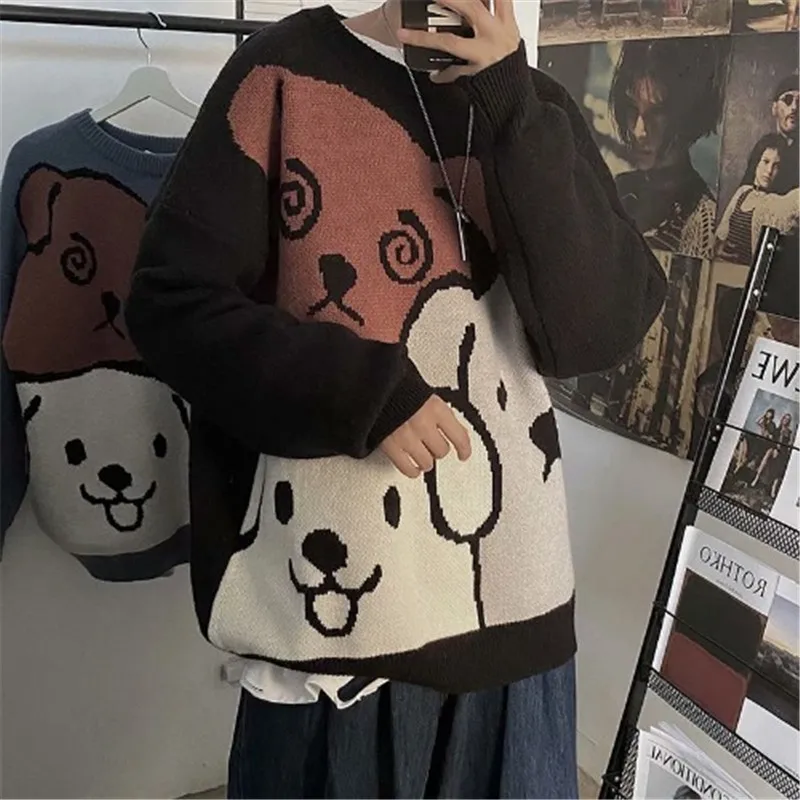 Autumn and Winter Cartoon Bear Sweater Men Clothing Fashion Long Sleeve Knitted Pullover Sweater Male Loose Casual Warm Clothes