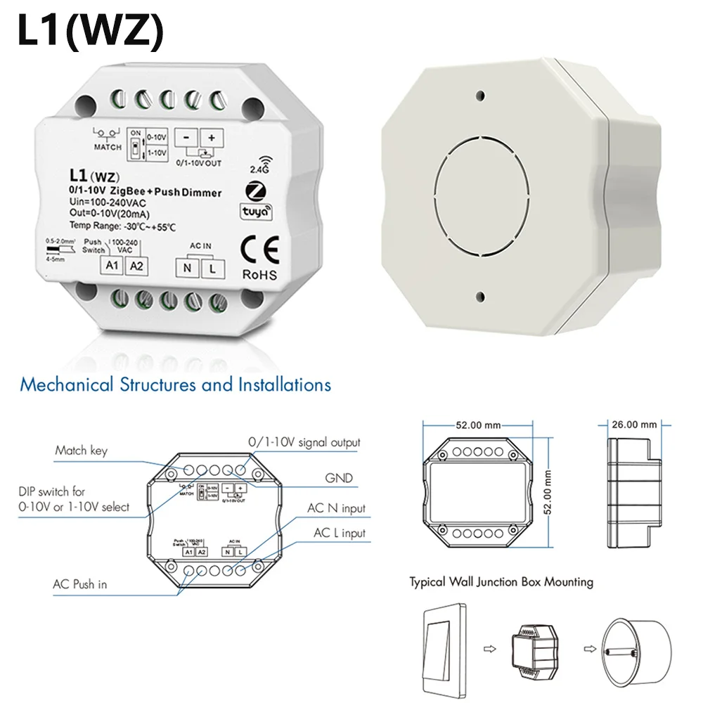 100-240VAC 1CH 0/1-10V Zigbee & RF Push Dimmer TuyaAPP Smart Control 2.4G R11 RF Touch Diming Remote App Voice For Alexa Google