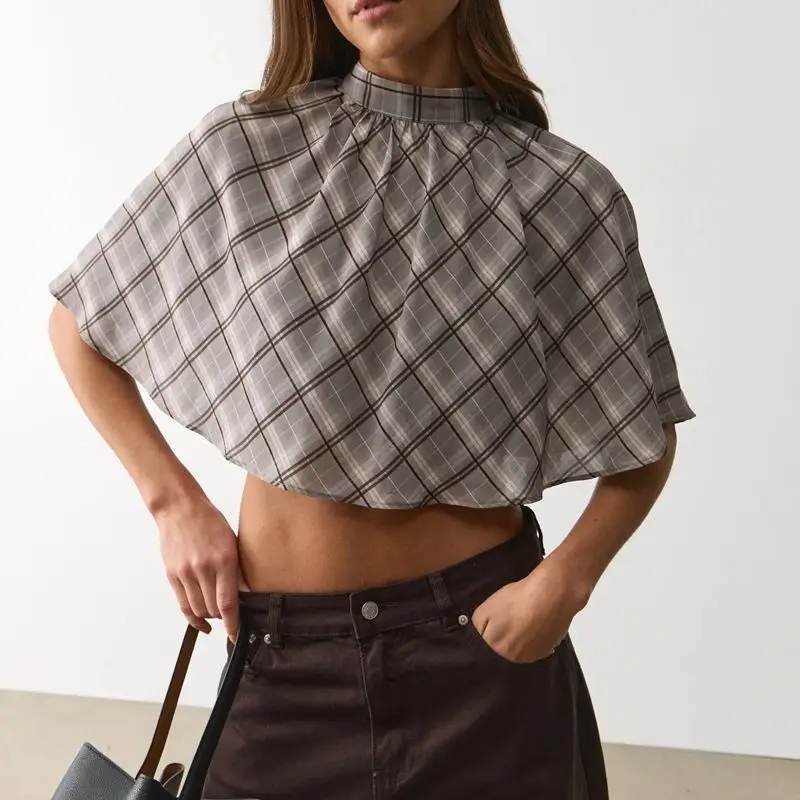 Women's Button Turtleneck Ruched Capelet Crop Tops Elegant Plaid Print Mock Neck A-line Y2k Loose Poncho Blouse