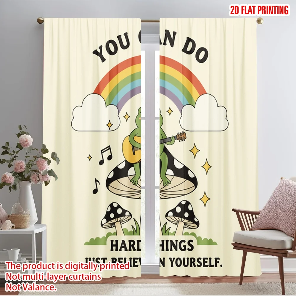 

2pcs 2D flat printing Drapes Retro Frog Guitar Rainbow Fabric Without Electricity Festive Curtains for Holiday Home Decor &
