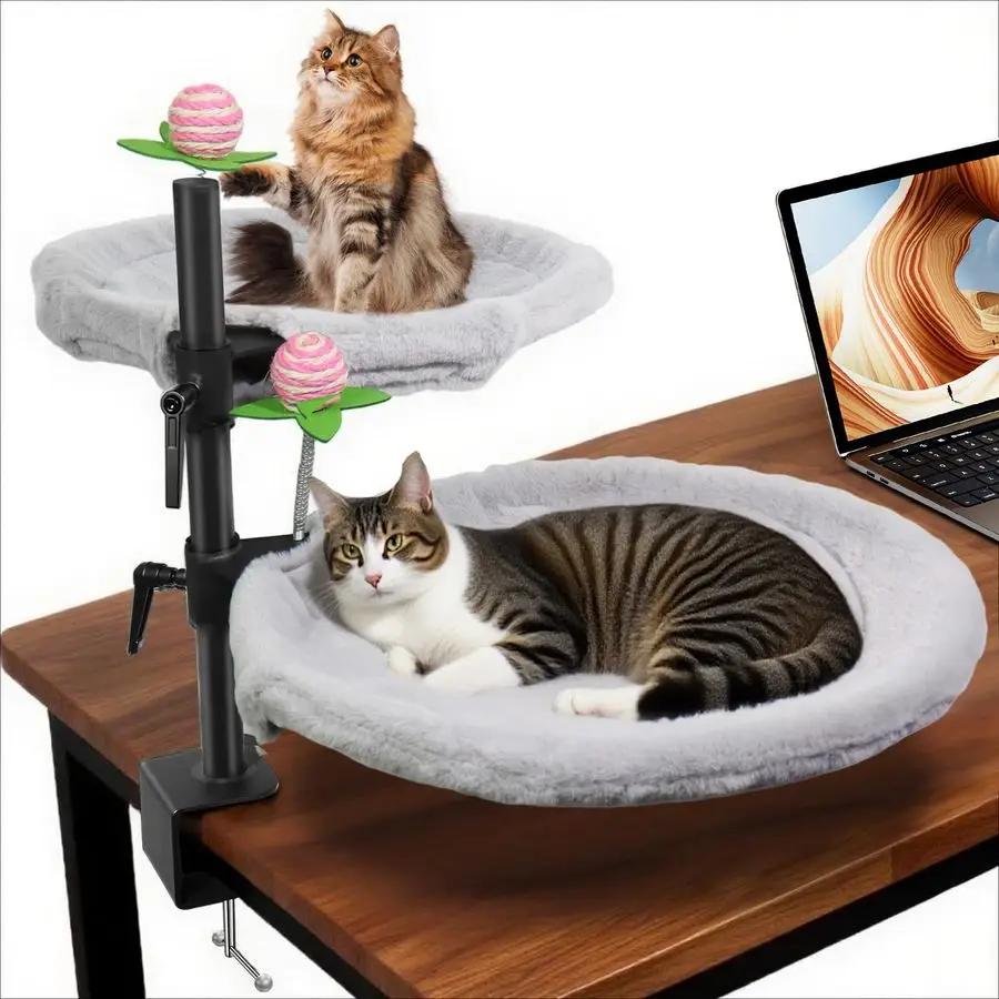 

Cat Desk Bed, 360 Rotating amp Adjustable Desk Mount with Soft Faux Fur amp Breathable Mesh Accessories, Ergonomic Cat Perch for