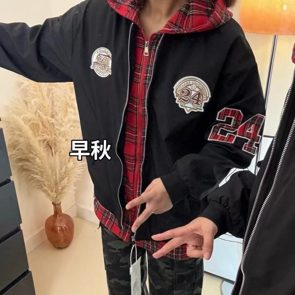 Fake 2 Piece Plaid Patchwork Hooded Bomber Jacket American Retro Badge Embroidery Oversized Pilot Jackets Couples Autumn Coats