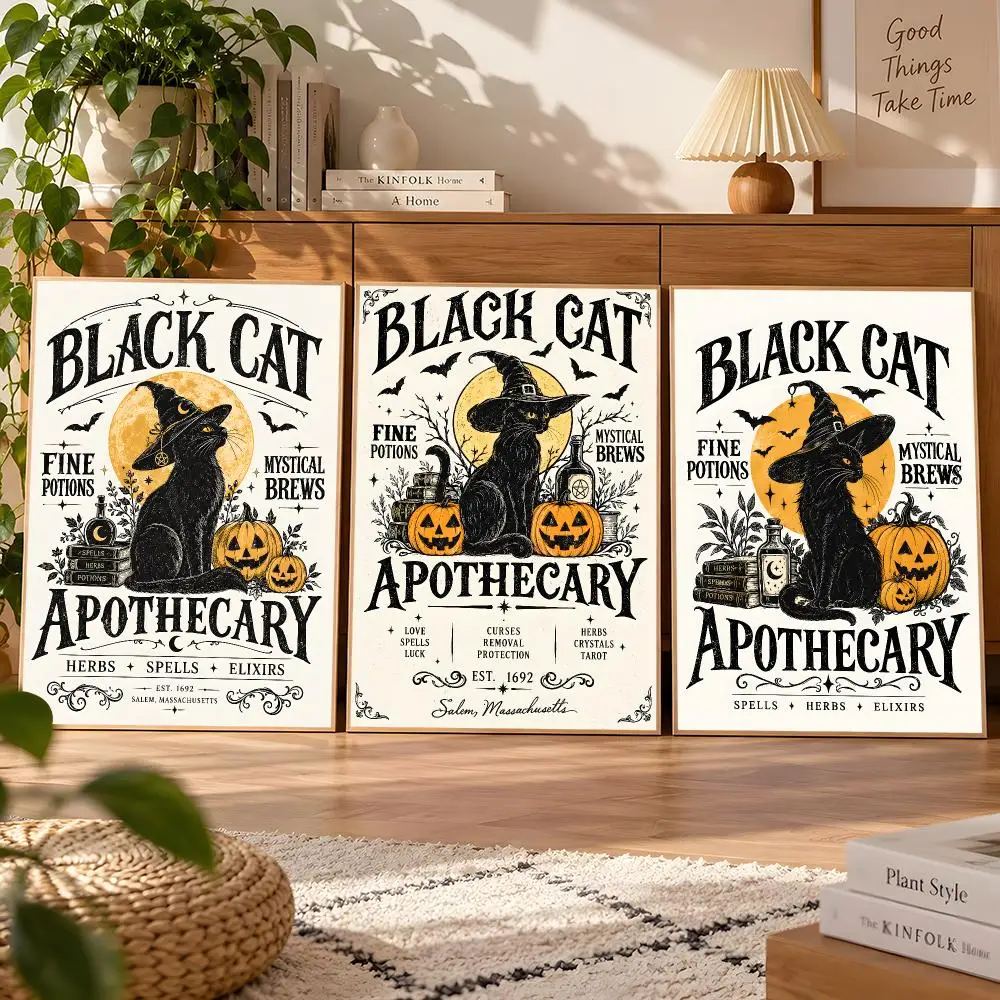 Salem Black Cat Witch Vintage Apothecary Poster Matte Self Adhesive Wall Art Waterproof Room Decoration Bedroom