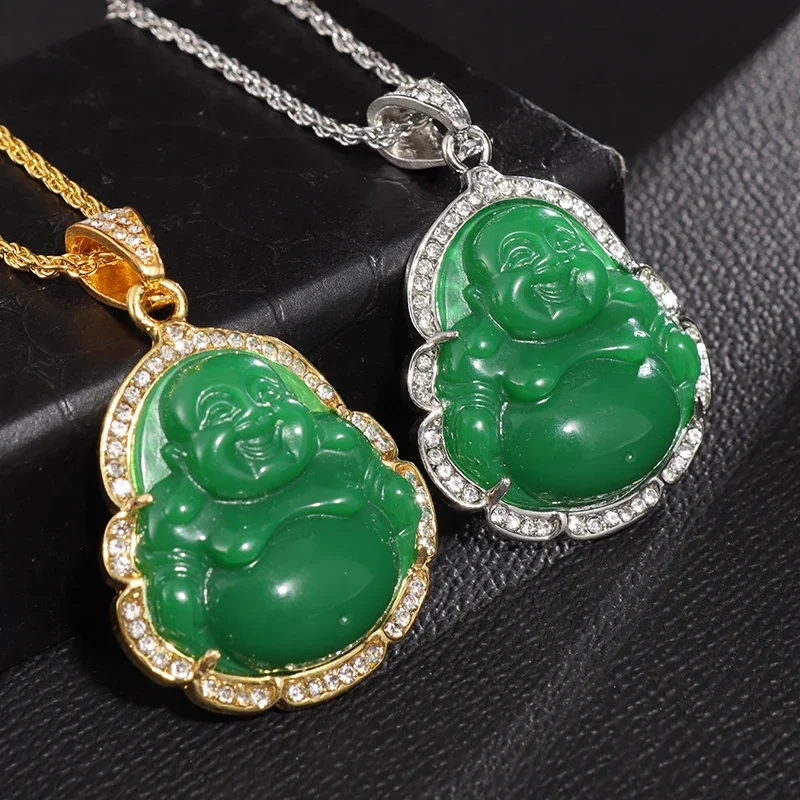 Exquisite Green Supernatural Maitreya Buddha Pendant Necklace Inlaid with Zirconia for Men Women Buddhist Amulet Jewelry Gift