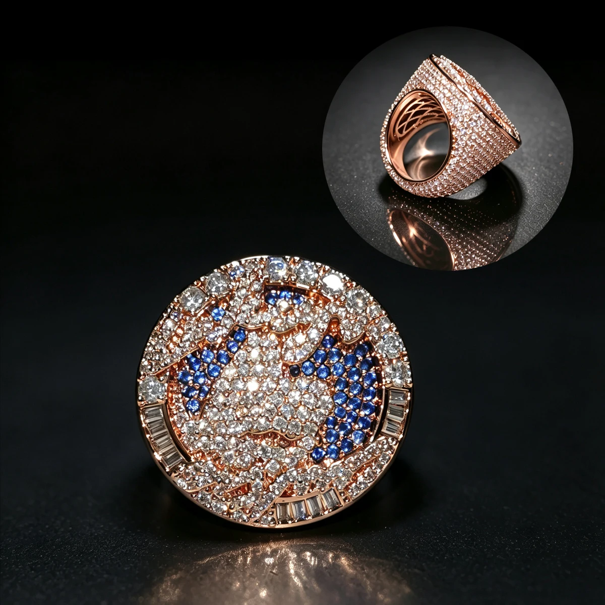 Iced‑Out Hip Hop Championship Men Ring Fully Micro Paved Sparkling White Blue Zircon Stones Plated 18K Rose Gold Bold Bling Statement Finger Jewelry Heavy Rapper Accessory For Party Club Street Daily Nice Present For Male Friends Rap Culture Ornament Gift