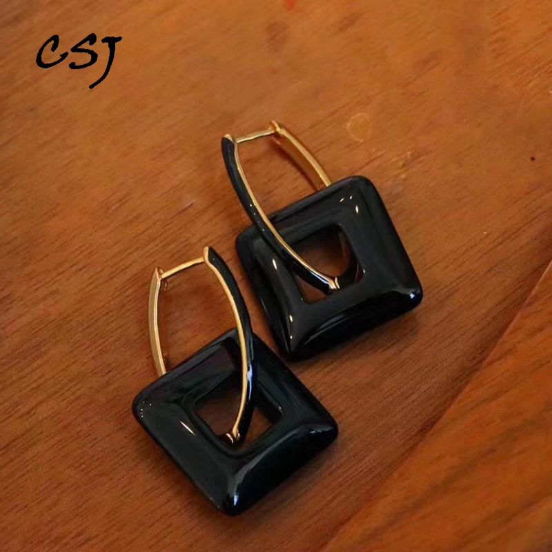 

CSJ New Natural Black Agate Diamond Shape Earring 925 Sterling Silver Yellow Gold Gemstone Jewelry for Women Party Birthday Gift