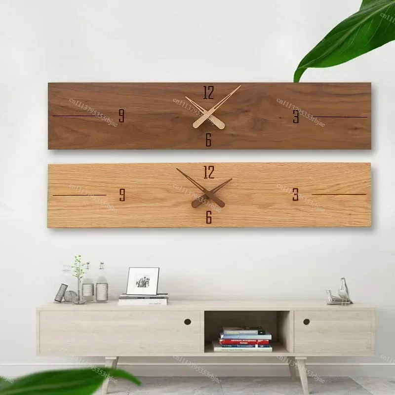 Solid wood rectangular wall clock Nordic minimalist modern horizontal silent clock living room bedroom decoration clock E0G3M9