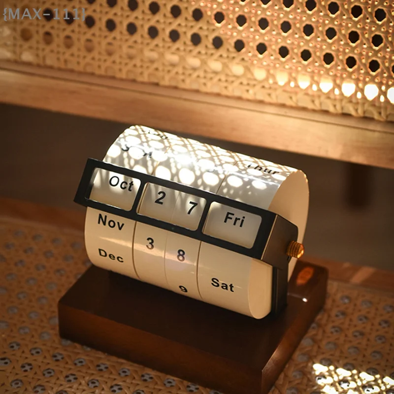 

【F2-MAX111】2025 Wooden Rotary Perpetual Desk Calendar - Wheeling Month Week Day Date Display Reusable for Home Office Decor