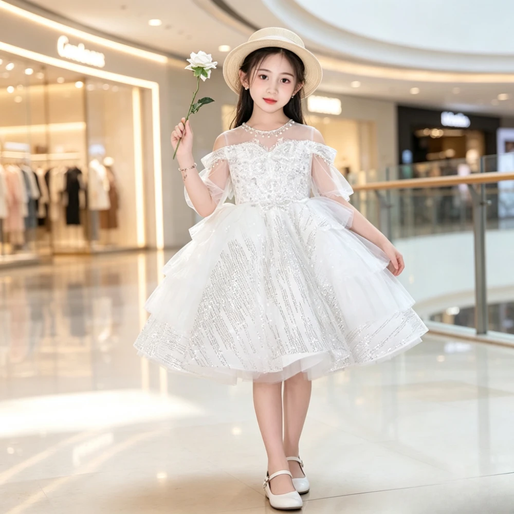 Children Girls Princess Dress Host Evening Gown Party Flower  Performance Pageant Costume Girl Birthday Kids Silver-gray Piano