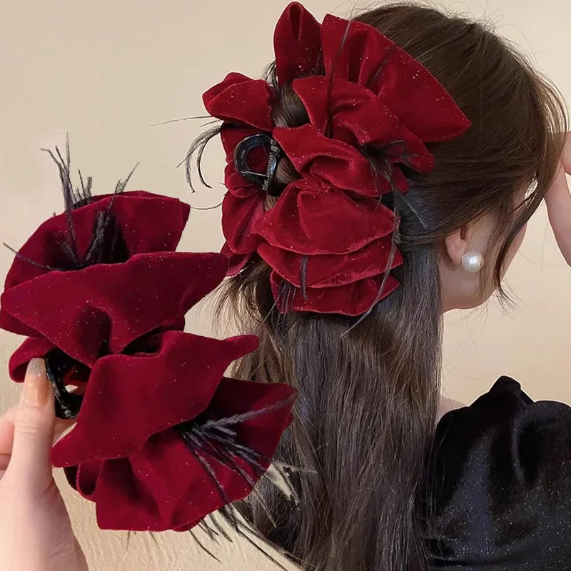 

Многослойный бант с блестками для волос, коготь принцессы, черный, красный, элегантный, большой, бархатный, для женщин, головные уборы для девочек, аксессуары для волос